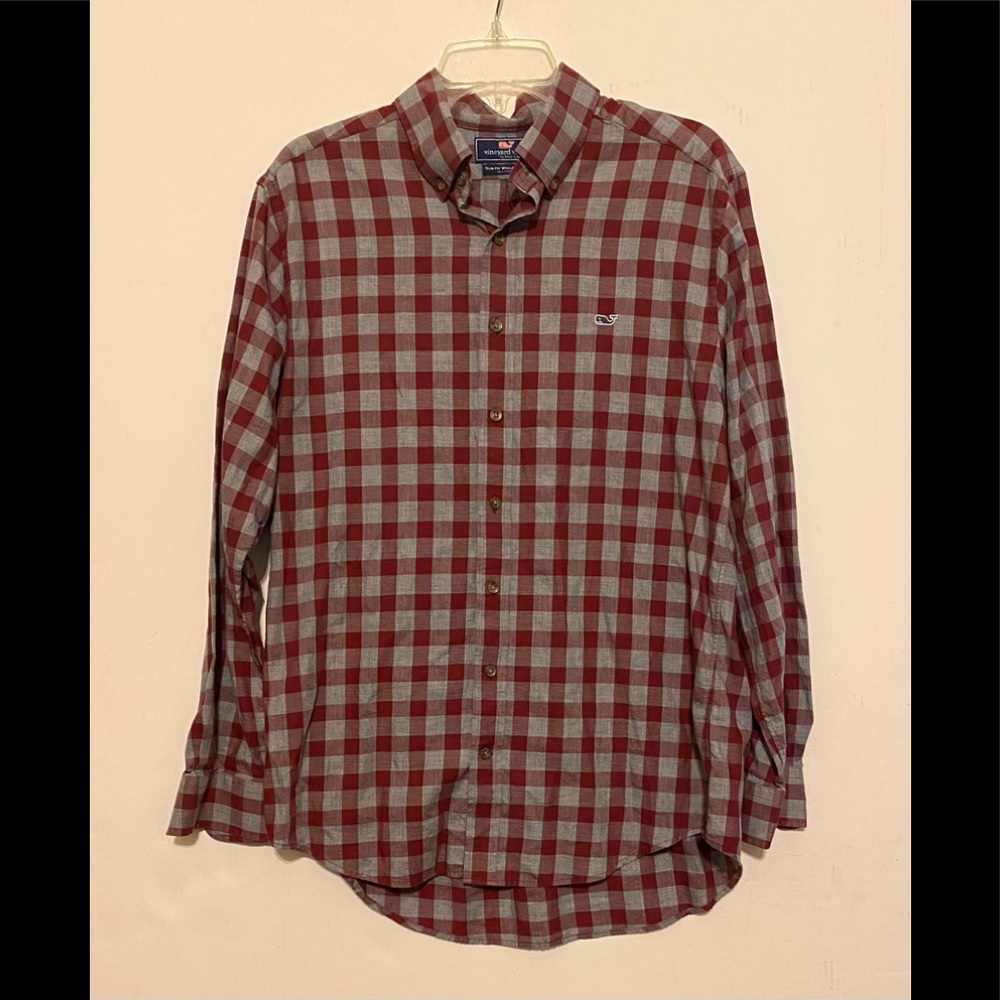 Like new! Men’s Vineyard Vines Slim Fit Button Down Whale Shirt SZ L Red/Gray